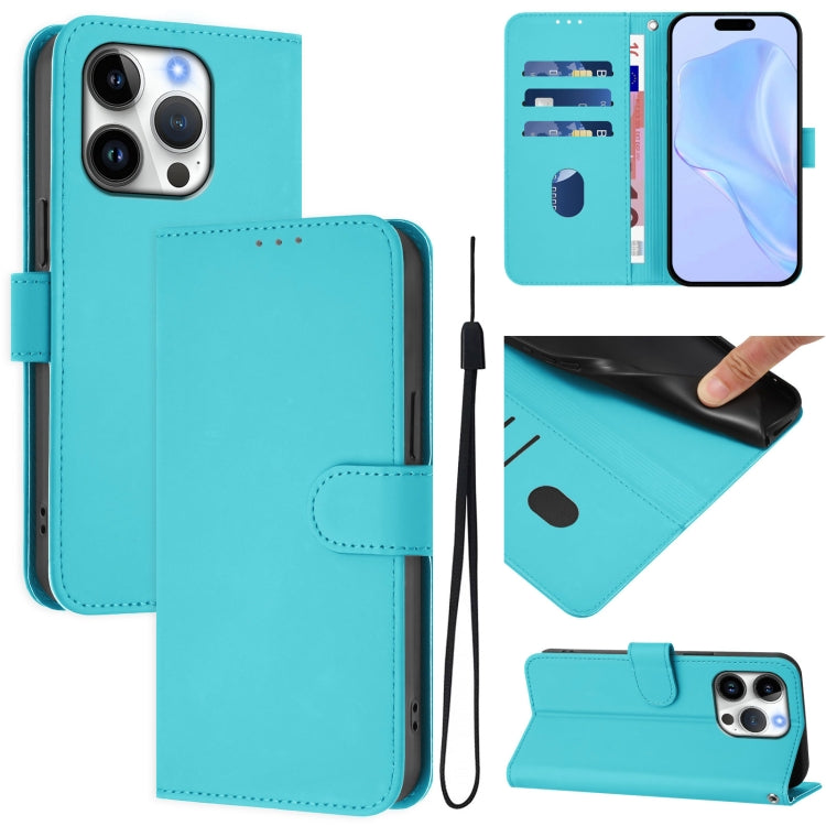 For iPhone 16 Pro Skin Feel Solid Color Leather Phone Case with Lanyard(Lake Blue) by buy2fix
