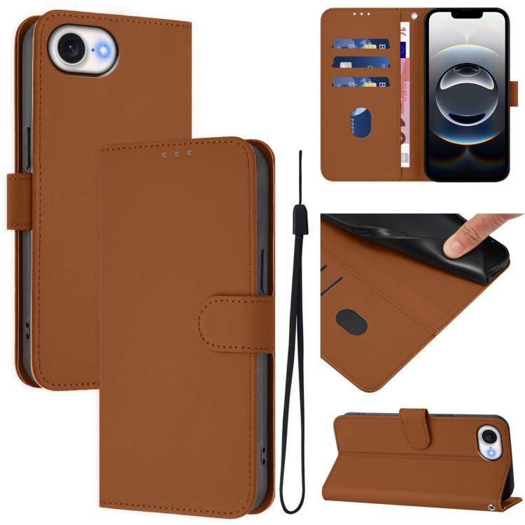 For iPhone 16e Skin Feel Solid Color Leather Phone Case with Lanyard(Brown) - iPhone 16e Cases by buy2fix | Online Shopping UK | buy2fix