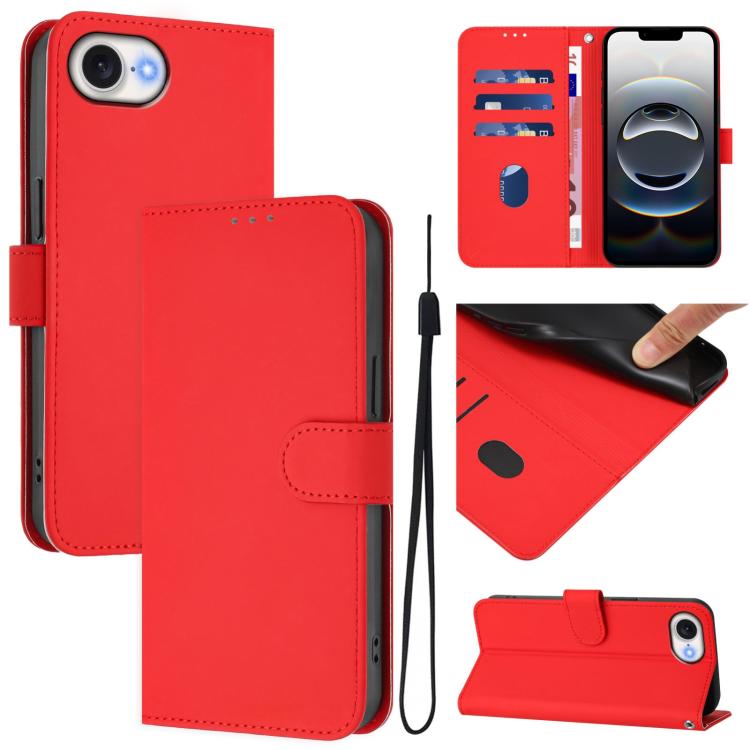 For iPhone 16e Skin Feel Solid Color Leather Phone Case with Lanyard(Red) - iPhone 16e Cases by buy2fix | Online Shopping UK | buy2fix