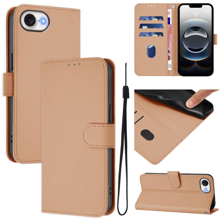 For iPhone 16e Skin Feel Solid Color Leather Phone Case with Lanyard(Nude) - iPhone 16e Cases by buy2fix | Online Shopping UK | buy2fix