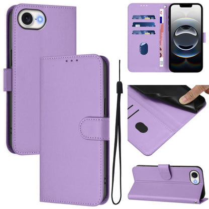 For iPhone 16e Skin Feel Solid Color Leather Phone Case with Lanyard(Lavender Purple) - iPhone 16e Cases by buy2fix | Online Shopping UK | buy2fix