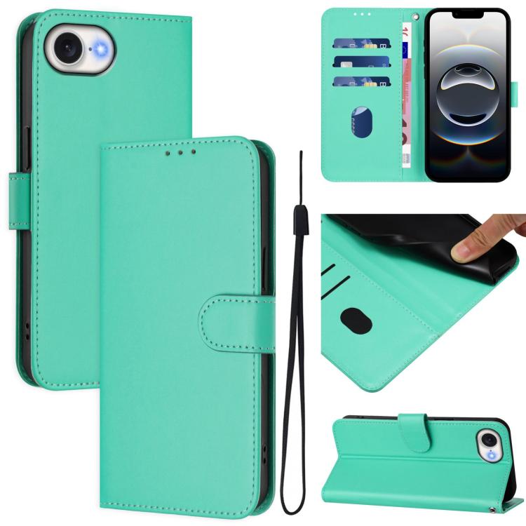 For iPhone 16e Skin Feel Solid Color Leather Phone Case with Lanyard(Green) - iPhone 16e Cases by buy2fix | Online Shopping UK | buy2fix