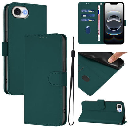 For iPhone 16e Skin Feel Solid Color Leather Phone Case with Lanyard(Dark Green) - iPhone 16e Cases by buy2fix | Online Shopping UK | buy2fix