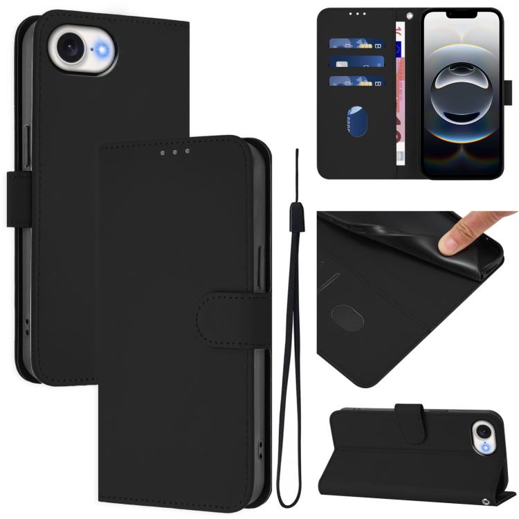 For iPhone 16e Skin Feel Solid Color Leather Phone Case with Lanyard(Black) - iPhone 16e Cases by buy2fix | Online Shopping UK | buy2fix