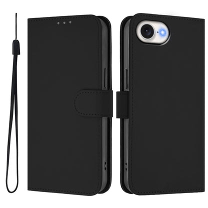 For iPhone 16e Skin Feel Solid Color Leather Phone Case with Lanyard(Black) - iPhone 16e Cases by buy2fix | Online Shopping UK | buy2fix