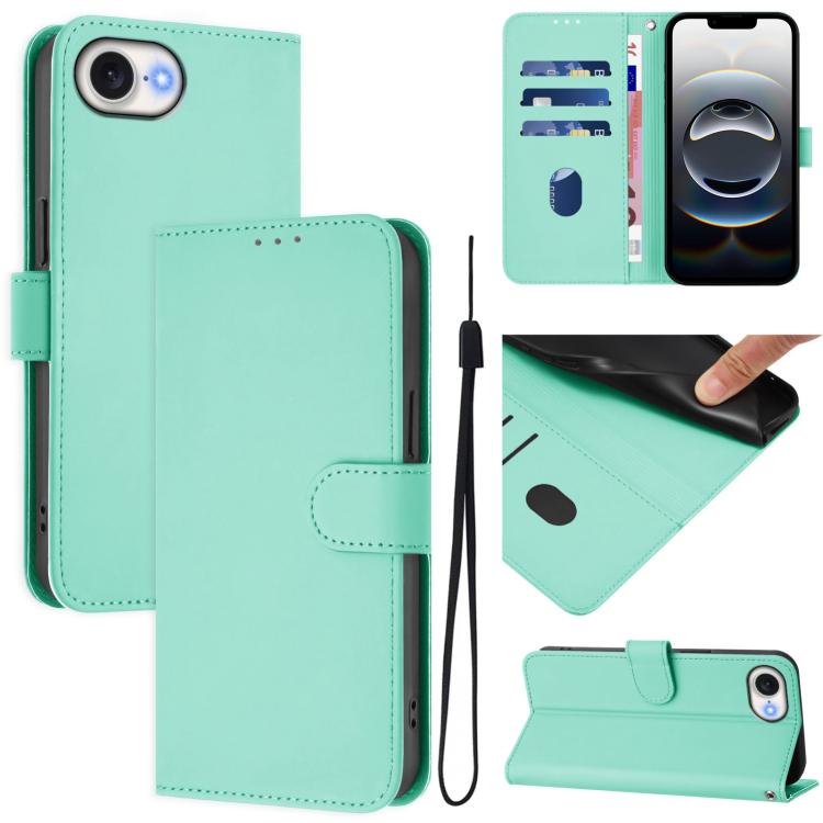 For iPhone 16e Skin Feel Solid Color Leather Phone Case with Lanyard(Mint Green) - iPhone 16e Cases by buy2fix | Online Shopping UK | buy2fix