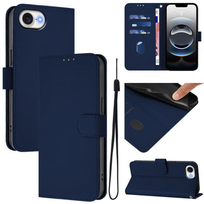For iPhone 16e Skin Feel Solid Color Leather Phone Case with Lanyard(Navy Blue) - iPhone 16e Cases by buy2fix | Online Shopping UK | buy2fix