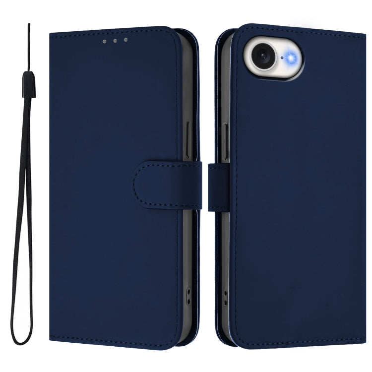 For iPhone 16e Skin Feel Solid Color Leather Phone Case with Lanyard(Navy Blue) - iPhone 16e Cases by buy2fix | Online Shopping UK | buy2fix