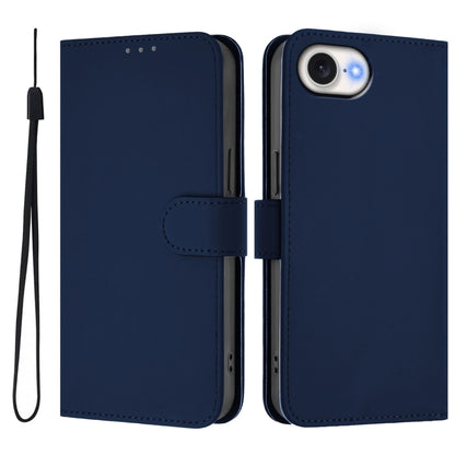 For iPhone 16e Skin Feel Solid Color Leather Phone Case with Lanyard(Navy Blue) - iPhone 16e Cases by buy2fix | Online Shopping UK | buy2fix