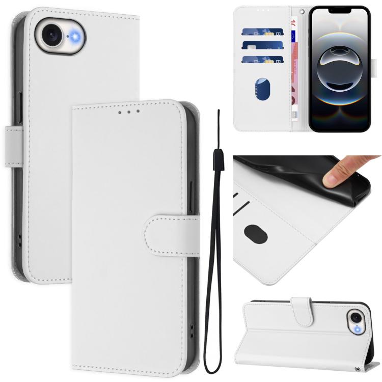 For iPhone 16e Skin Feel Solid Color Leather Phone Case with Lanyard(White) - iPhone 16e Cases by buy2fix | Online Shopping UK | buy2fix
