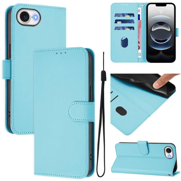 For iPhone 16e Skin Feel Solid Color Leather Phone Case with Lanyard(Sky Blue) - iPhone 16e Cases by buy2fix | Online Shopping UK | buy2fix