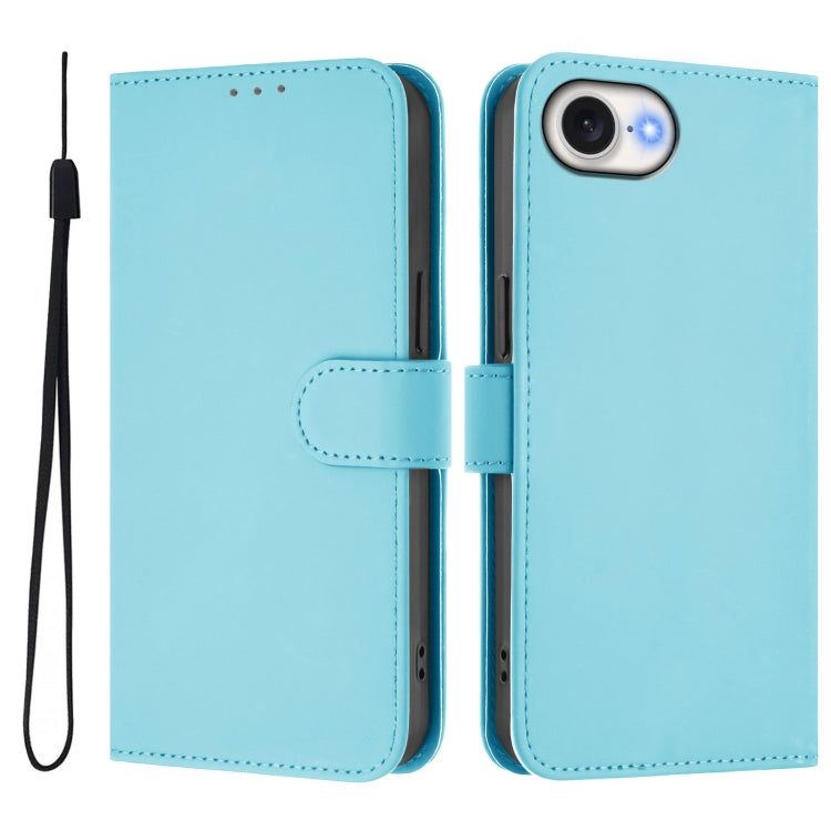 For iPhone 16e Skin Feel Solid Color Leather Phone Case with Lanyard(Sky Blue) - iPhone 16e Cases by buy2fix | Online Shopping UK | buy2fix