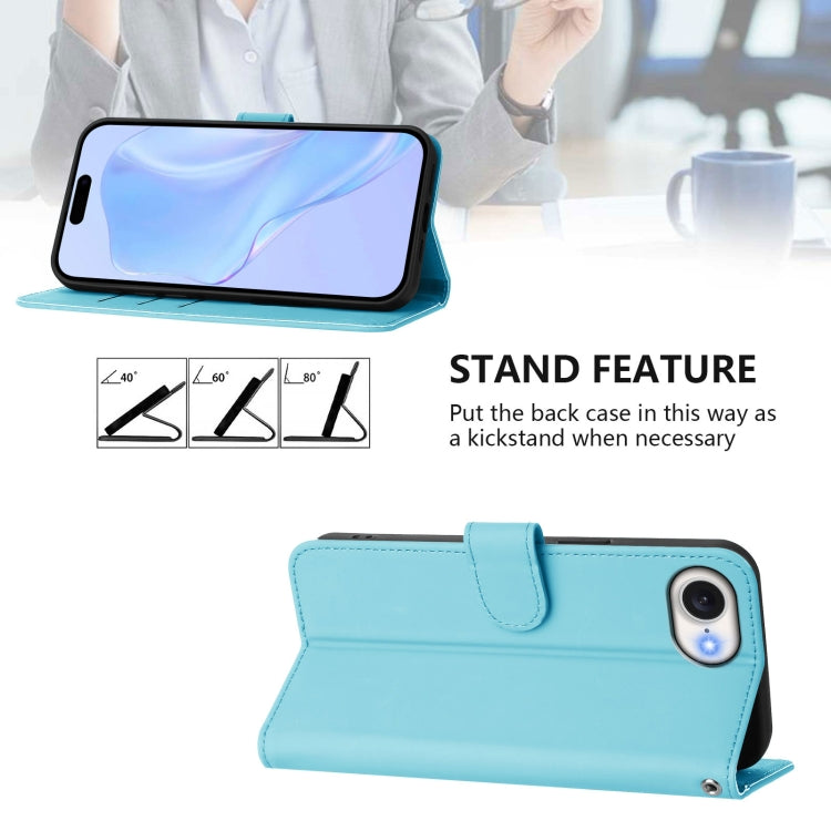 For iPhone 16e Skin Feel Solid Color Leather Phone Case with Lanyard(Sky Blue) - iPhone 16e Cases by buy2fix | Online Shopping UK | buy2fix