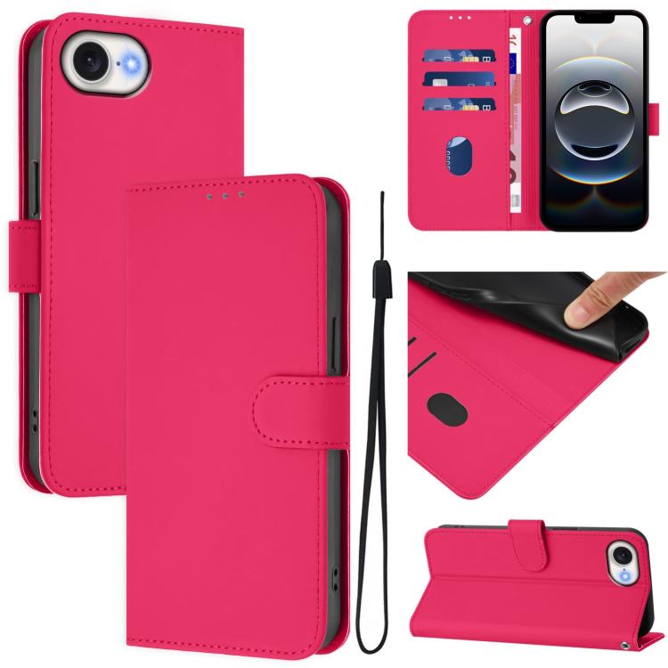 For iPhone 16e Skin Feel Solid Color Leather Phone Case with Lanyard(Rose Red) - iPhone 16e Cases by buy2fix | Online Shopping UK | buy2fix