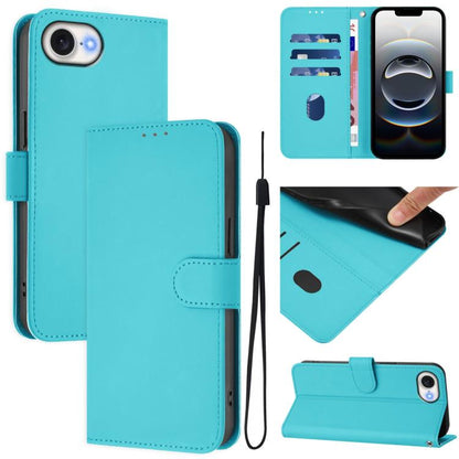 For iPhone 16e Skin Feel Solid Color Leather Phone Case with Lanyard(Lake Blue) - iPhone 16e Cases by buy2fix | Online Shopping UK | buy2fix