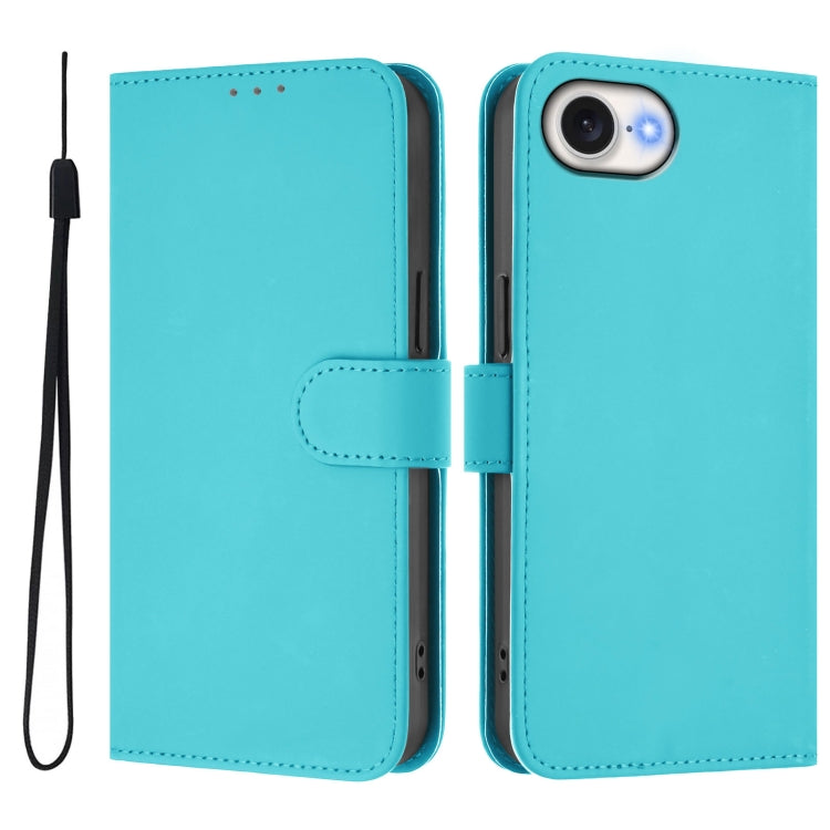 For iPhone 16e Skin Feel Solid Color Leather Phone Case with Lanyard(Lake Blue) - iPhone 16e Cases by buy2fix | Online Shopping UK | buy2fix