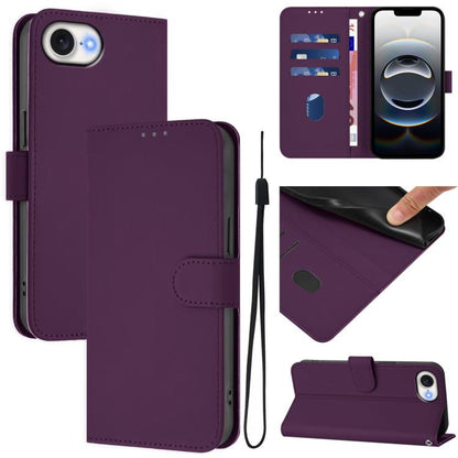 For iPhone 16e Skin Feel Solid Color Leather Phone Case with Lanyard(Violet) - iPhone 16e Cases by buy2fix | Online Shopping UK | buy2fix
