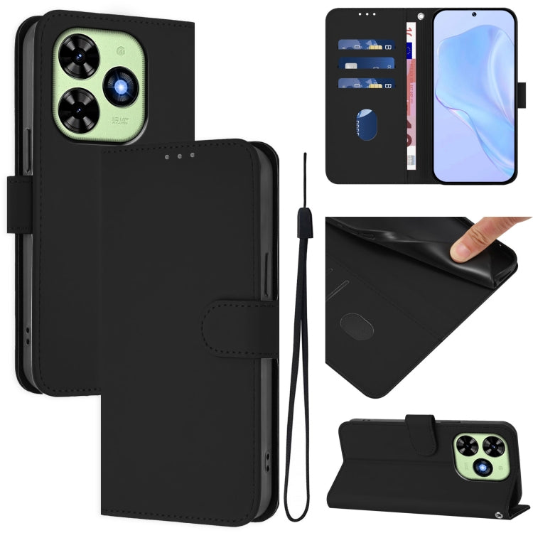 For Tecno Spark Go 2024 4G Skin Feel Solid Color Leather Phone Case with Lanyard(Black) by buy2fix