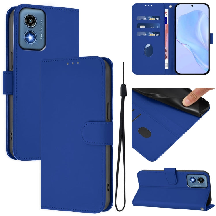For Motorola Moto G Play 5G 2024 Global Skin Feel Solid Color Leather Phone Case with Lanyard(Dark Blue) by buy2fix