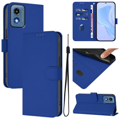 For Motorola Moto G Play 5G 2024 Global Skin Feel Solid Color Leather Phone Case with Lanyard(Dark Blue) by buy2fix