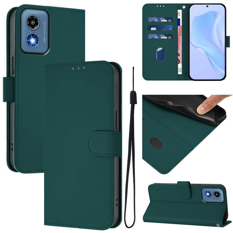 For Motorola Moto G Play 5G 2024 Global Skin Feel Solid Color Leather Phone Case with Lanyard(Dark Green) by buy2fix