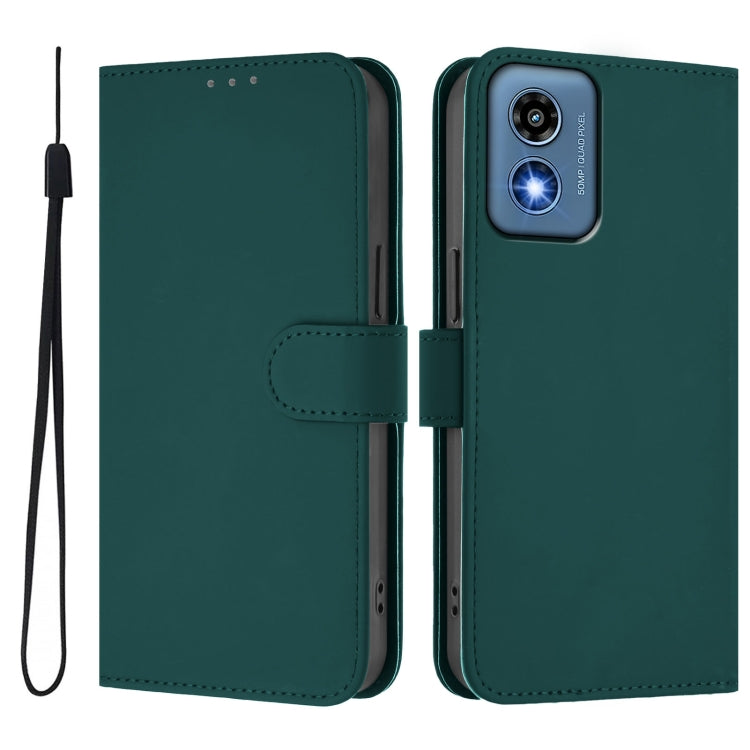 For Motorola Moto G Play 5G 2024 Global Skin Feel Solid Color Leather Phone Case with Lanyard(Dark Green) by buy2fix