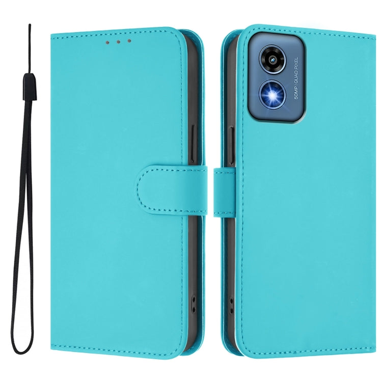 For Motorola Moto G Play 5G 2024 Global Skin Feel Solid Color Leather Phone Case with Lanyard(Lake Blue) by buy2fix
