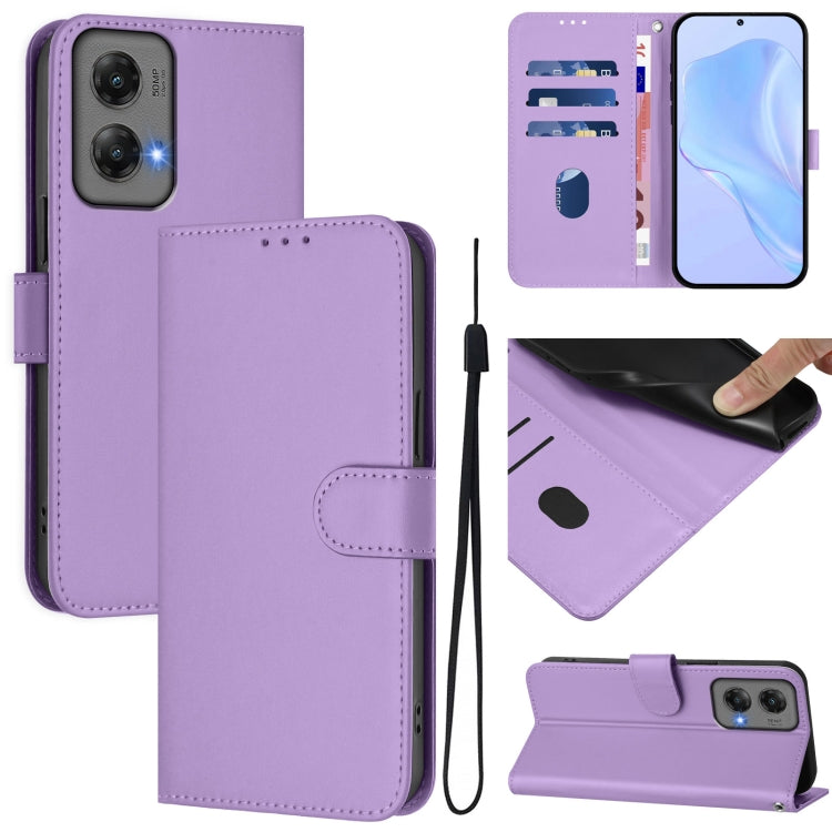 For Motorola Moto G Stylus 5G 2024 Skin Feel Solid Color Leather Phone Case with Lanyard(Lavender Purple) by buy2fix