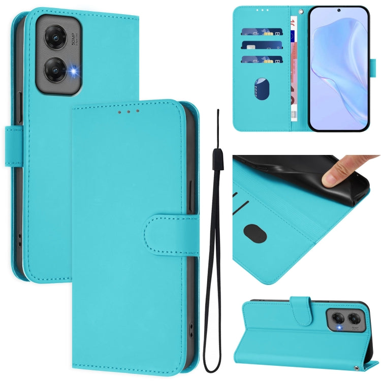 For Motorola Moto G Stylus 5G 2024 Skin Feel Solid Color Leather Phone Case with Lanyard(Lake Blue) by buy2fix