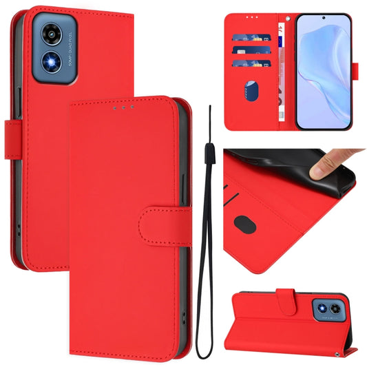 For Motorola Moto G Play 4G 2024 Global Skin Feel Solid Color Leather Phone Case with Lanyard(Red) by buy2fix