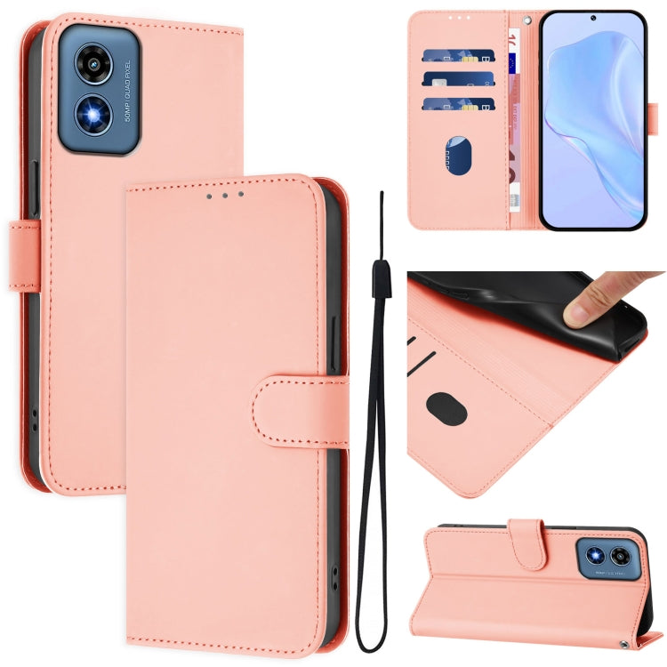 For Motorola Moto G Play 4G 2024 Global Skin Feel Solid Color Leather Phone Case with Lanyard(Pink) by buy2fix