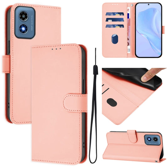 For Motorola Moto G Play 4G 2024 Global Skin Feel Solid Color Leather Phone Case with Lanyard(Pink) by buy2fix