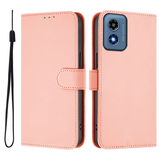For Motorola Moto G Play 4G 2024 Global Skin Feel Solid Color Leather Phone Case with Lanyard(Pink) by buy2fix