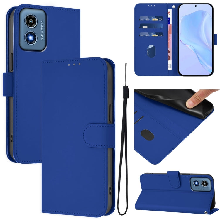 For Motorola Moto G Play 4G 2024 Global Skin Feel Solid Color Leather Phone Case with Lanyard(Dark Blue) by buy2fix