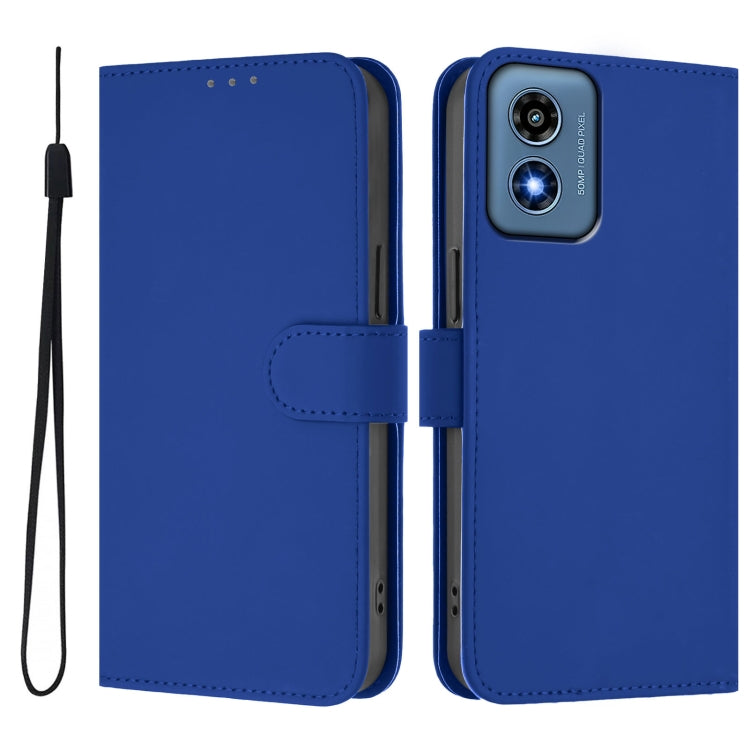 For Motorola Moto G Play 4G 2024 Global Skin Feel Solid Color Leather Phone Case with Lanyard(Dark Blue) by buy2fix