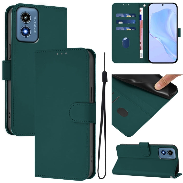 For Motorola Moto G Play 4G 2024 Global Skin Feel Solid Color Leather Phone Case with Lanyard(Dark Green) by buy2fix