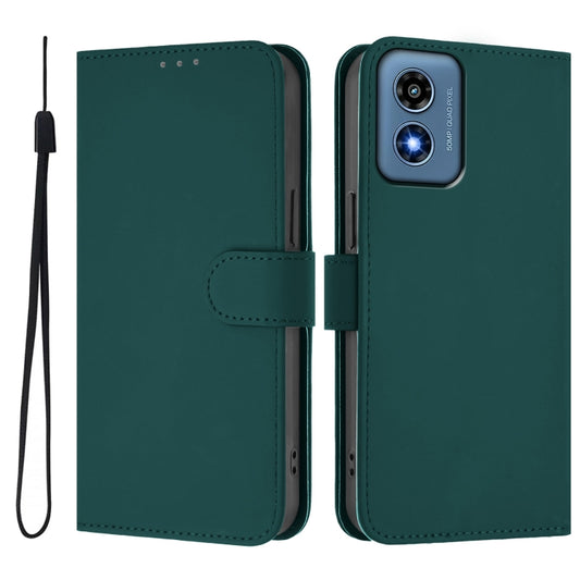 For Motorola Moto G Play 4G 2024 Global Skin Feel Solid Color Leather Phone Case with Lanyard(Dark Green) by buy2fix