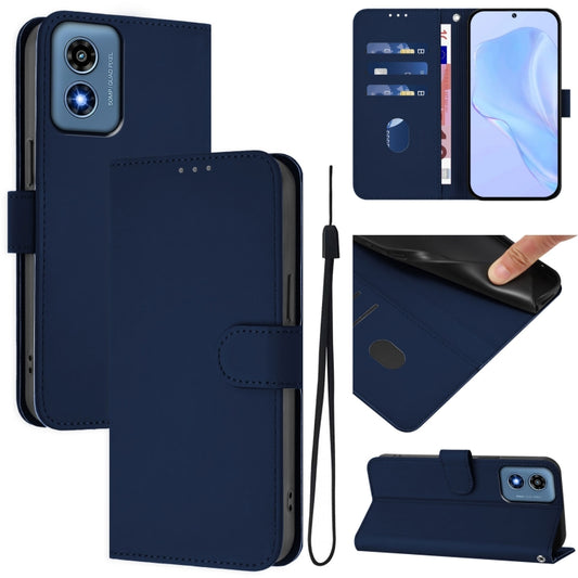 For Motorola Moto G Play 4G 2024 Global Skin Feel Solid Color Leather Phone Case with Lanyard(Navy Blue) by buy2fix