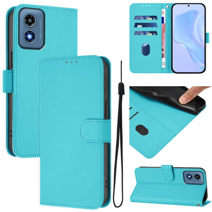For Motorola Moto G Play 4G 2024 Global Skin Feel Solid Color Leather Phone Case with Lanyard(Lake Blue) by buy2fix