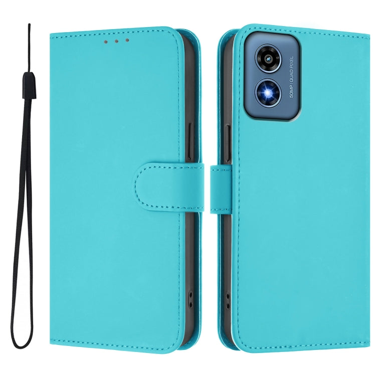 For Motorola Moto G Play 4G 2024 Global Skin Feel Solid Color Leather Phone Case with Lanyard(Lake Blue) by buy2fix