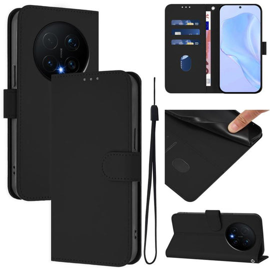 For Honor Magic8 Pro Skin Feel Solid Color Leather Phone Case with Lanyard(Black)