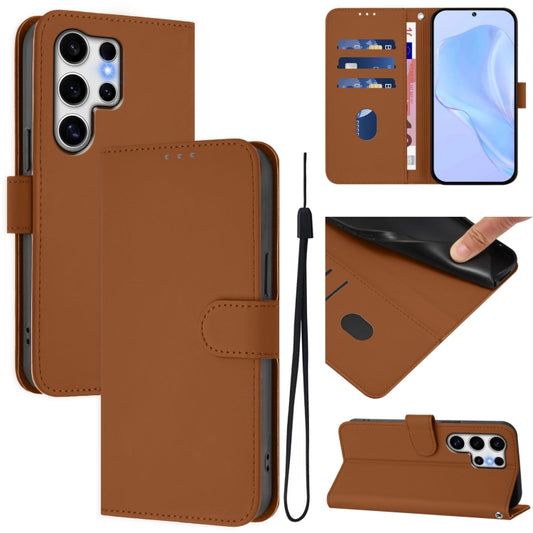 For Samsung Galaxy S25 Ultra 5G Skin Feel Solid Color Leather Phone Case with Lanyard(Brown) by buy2fix