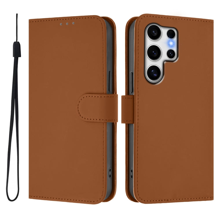 For Samsung Galaxy S25 Ultra 5G Skin Feel Solid Color Leather Phone Case with Lanyard(Brown) by buy2fix