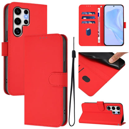 For Samsung Galaxy S25 Ultra 5G Skin Feel Solid Color Leather Phone Case with Lanyard(Red) by buy2fix