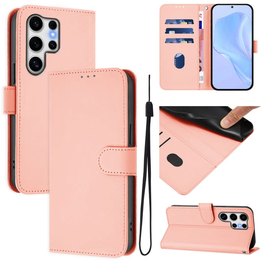 For Samsung Galaxy S25 Ultra 5G Skin Feel Solid Color Leather Phone Case with Lanyard(Pink) by buy2fix