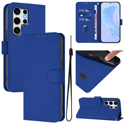 For Samsung Galaxy S25 Ultra 5G Skin Feel Solid Color Leather Phone Case with Lanyard(Dark Blue) by buy2fix