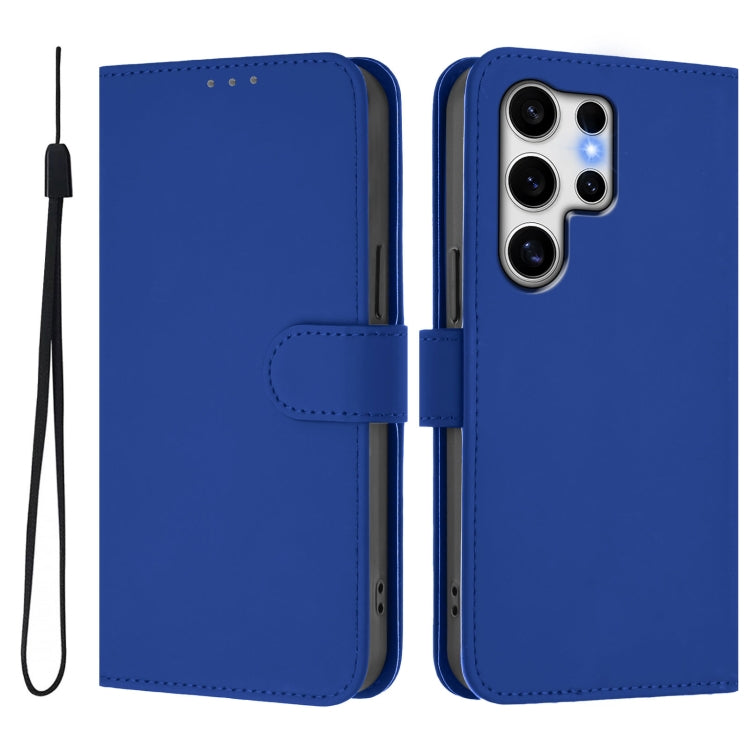 For Samsung Galaxy S25 Ultra 5G Skin Feel Solid Color Leather Phone Case with Lanyard(Dark Blue) by buy2fix