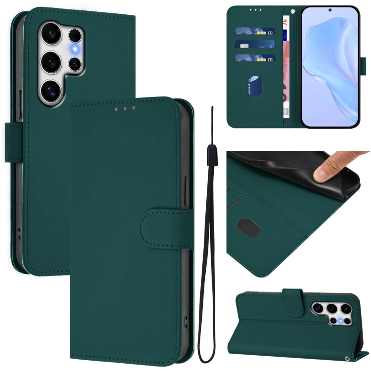 For Samsung Galaxy S25 Ultra 5G Skin Feel Solid Color Leather Phone Case with Lanyard(Dark Green) by buy2fix