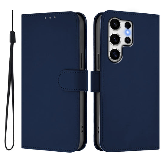 For Samsung Galaxy S25 Ultra 5G Skin Feel Solid Color Leather Phone Case with Lanyard(Navy Blue) by buy2fix