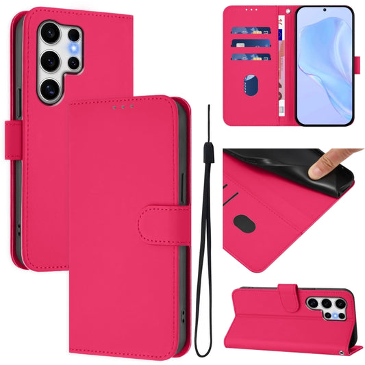 For Samsung Galaxy S25 Ultra 5G Skin Feel Solid Color Leather Phone Case with Lanyard(Rose Red) by buy2fix
